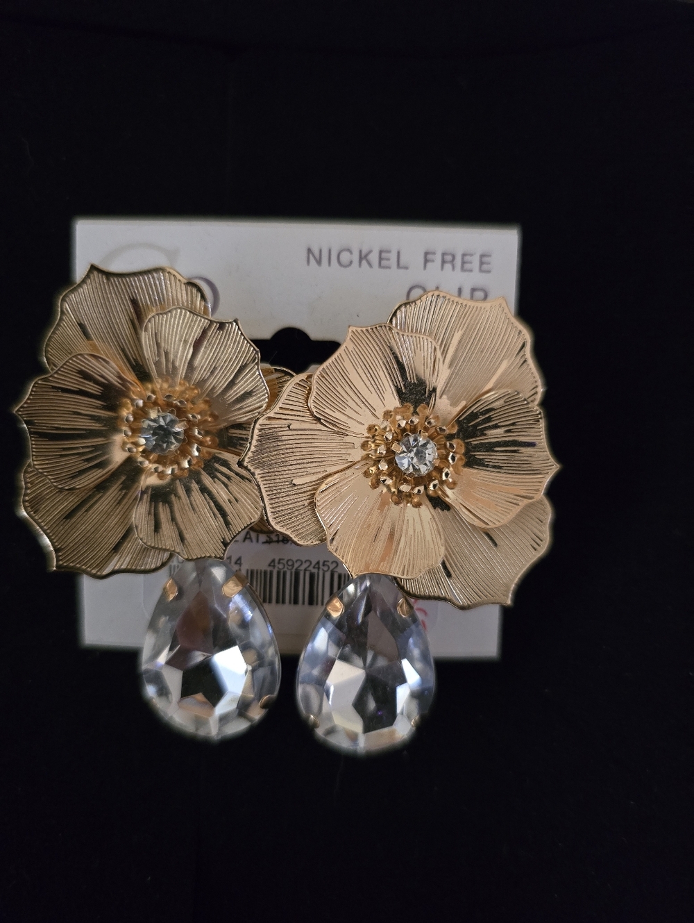Gold Flower Drop Earrings with Clear Crystal Teardrops